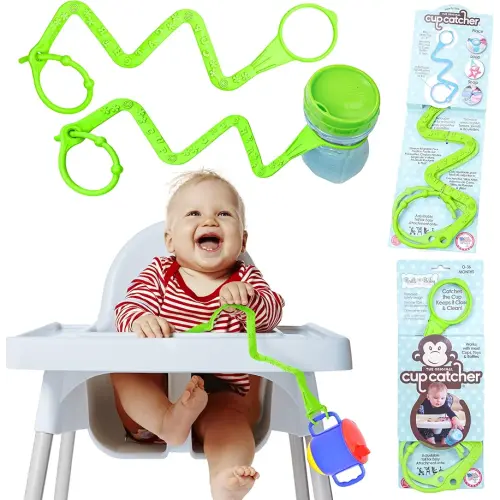 Brilli Baby Cup Catcher Patented Safety Tether Strap, Attach Sippy Cups, Bottles, Pacifiers & More to Stroller, High Chair, Car Seat, Made in USA, Food Grade, Dishwasher Safe (Lime & Lime)