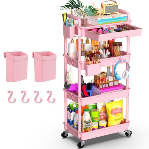 Yeabett 4 Tier Rolling Utility Cart Organizer with Removable Drawer, Mobile Storage Carts with 2 Lockable Wheels for Bathroom, Kitchen, Snack, Craft, Makeup, Baby Essentials, Pink