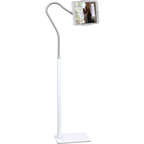 Tablet Floor Stand with Flexible Gooseneck and Stable Aluminum Base Suitable for 3.5” - 10.6” Smart Phone & Tablet White