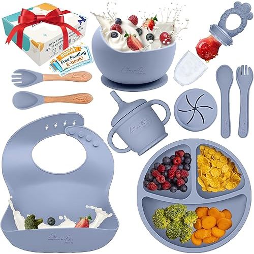 Ensemble d'alimentation en silicone pour bébé, 10 pièces | Fournitures de sevrage LED pour bébé | Essentiels pour manger pour bébé avec assiettes et bols pour tout-petits, bavoir en silicone, ventouse, cuillères et fourchettes | Renforcez l'indépendance –