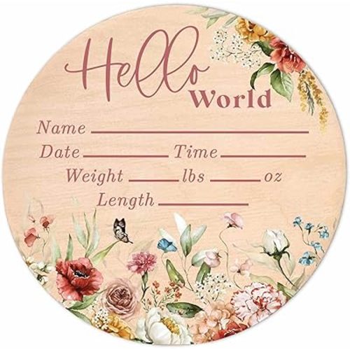 Hello World Wood Newborn Baby Birth Announcement Sign - 6 Inch Round - Butterfly Boho Floral - Shower Gift - Nursery Decor