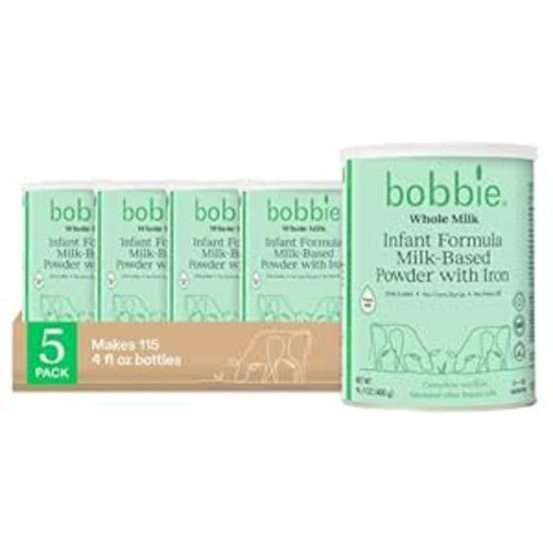 Bobbie Whole Milk, Grass Fed Baby Formula with Iron, Plant Based DHA and ARA, Vitamin D and Protein Blend Modeled After Breast Milk, For Newborn Baby to 12 Month Old, 14.1 oz, 5 Pack