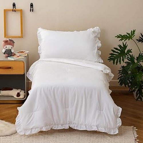 KAREVER White Toddler Bedding Set White Ruffles 4 Pieces Crib Bed Set Kids Vintage Comforter Set