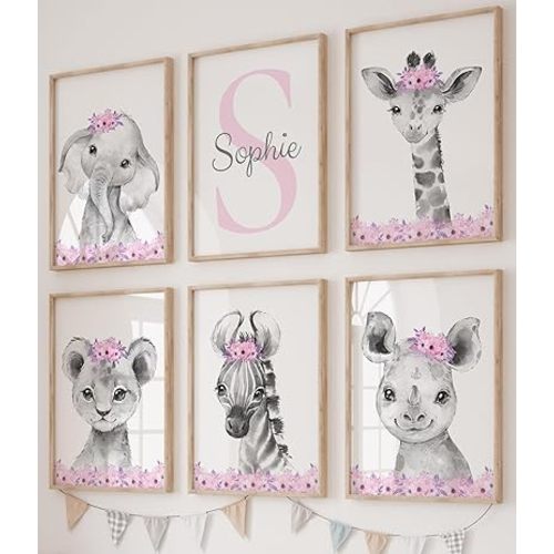 Personalized Safari Animals for Baby Girls Nursery Bedroom Unframed Set of 6 Poster Prints, Personalized Name Pink Purple Flowers Wall Art Decor New Baby Gift Present, Elephant Giraffe Panda Zebra Lion (8x10)