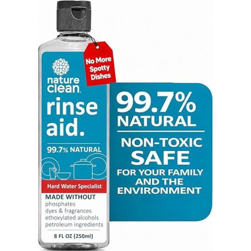 Nature Clean All Natural Dishwasher Rinse Aid Cleaner, Liquid Dishwasher Rinse Agent Spot-Free Glass & Cutlery in Hard Water, Non-Toxic Dish Washer Drying Agent & Stain Remover, 8 oz/250ml, Pack of 1