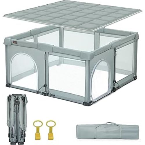 Foldable Playpen with Detachable Thicken Mat,59x71 Inches Portable Playpen,Collapsible Play Pen for Babies and Toddlers,Indoor & Outdoor Baby Fence Play Area,Cold Gray