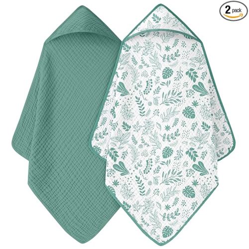 Baby Bath Towels, 100% Muslin Cotton Hooded Baby Towels for Newborn, 2 Pack Baby Towels with Hood for Infant Toddler and Kids, Large 32x32Inch, Soft and Absorbent