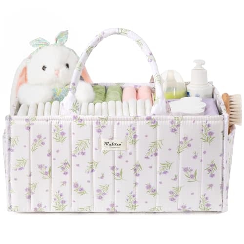 Maliton Diaper Caddy Organizer with 2 Side Pockets, Portable, Purple Floral | with Handle and Removable Dividers, Nursery Storage Basket, Car Organizer for Diapers & Wipes. Boy & Girl Shower Gift