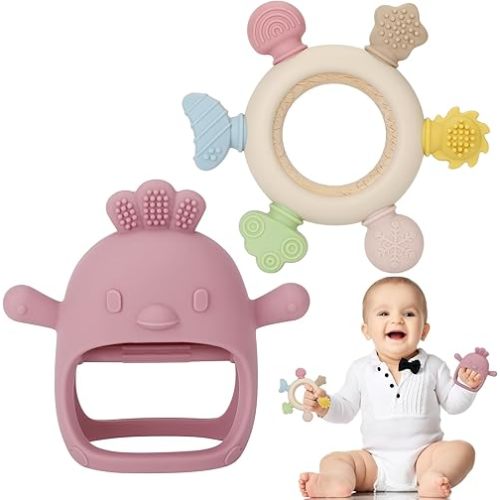 Socub 2 Pack Baby Teething Toys for Babies 0-6 Months, Silicone Teething Mitten and Wooden Ring Toy for Babies 6-12 Months, No Drop Teether Mitten and Ring Teether for Teething Relief(Dark Pink)