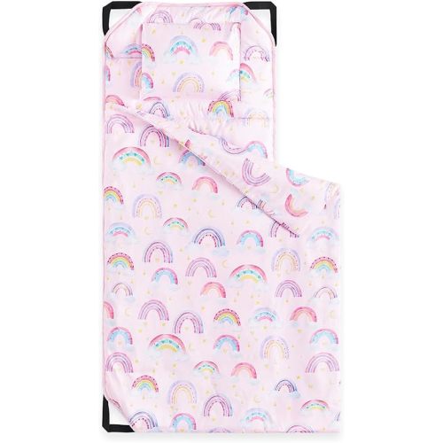 Wake In Cloud - Cot Nap Mat with Pillow and Blanket, for Toddler Kids Girls Ages 3 Plus in Daycare Kindergarten Preschool Pre K with Elastic Corner Straps, Colorful Rainbows, Light Pink