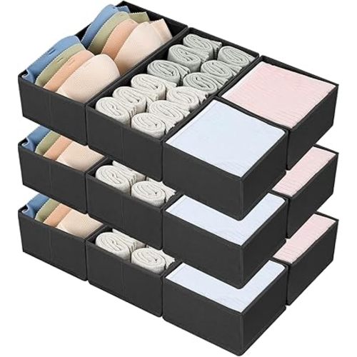 DIMJ Drawer Organizers, Set of 12 Clothes Drawer Organizer, Foldable Closet Drawer Organizer, Dresser Drawer Organizers Dividers for Baby Clothes, Socks, Belt, Tie (Black)