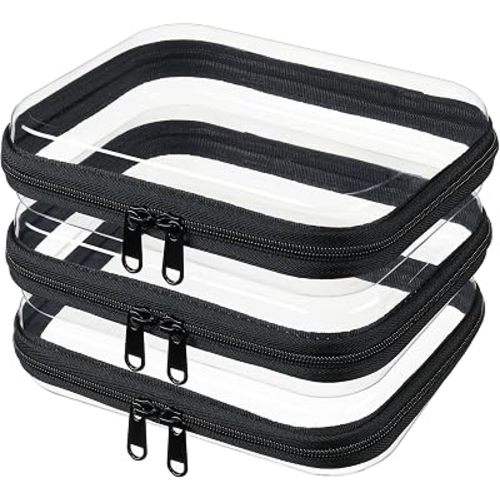 3-PCS Medium Clear Hard Shell Zipper Pouches, Clear Zipper Bags (3M, Black) | Hard Case Pouches for Purse & Diaper Bag Organizer, Travel Essentials, Clear Storage Bags, and Travel Zipper Container