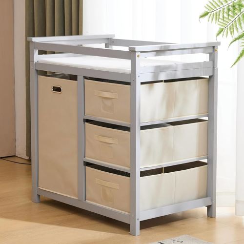 Karl home Modern Baby Changing Table,Dresser Baby Diaper Changing Station with Laundry Hamper,Infant Nursing Table with 3 Storage Drawers,Removable Safety Rail& Strap for Nursery,Bedroom,Grey