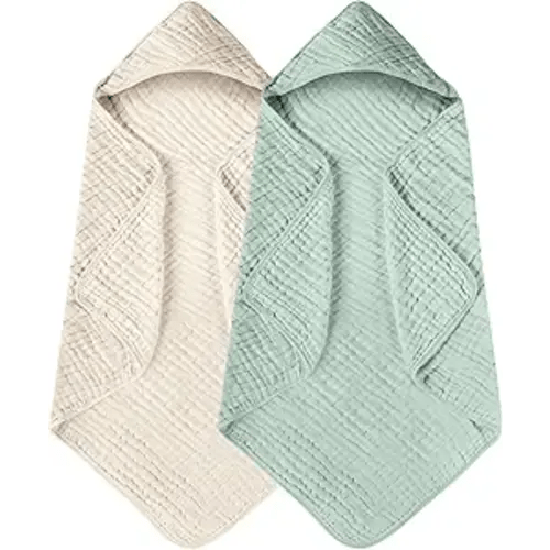Yoofoss Hooded Baby Towels for Newborn 2 Pack 100% Muslin Organic Cotton Baby Bath Towel with Hood for Babies, Infant, Toddler and Kids, 32x32Inch, Soft and Absorbent Newborn Essential,Apricot&Green