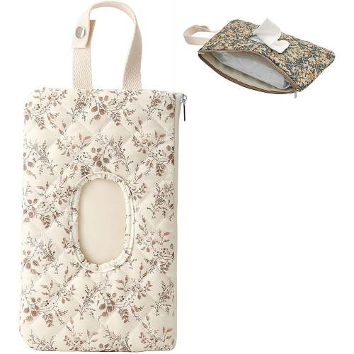 Portable Mommy Bag for Stroller,Refillable Floral Baby Wipe Holder Quilted Wipe Organizer Pouch w/Lanyard for Travel