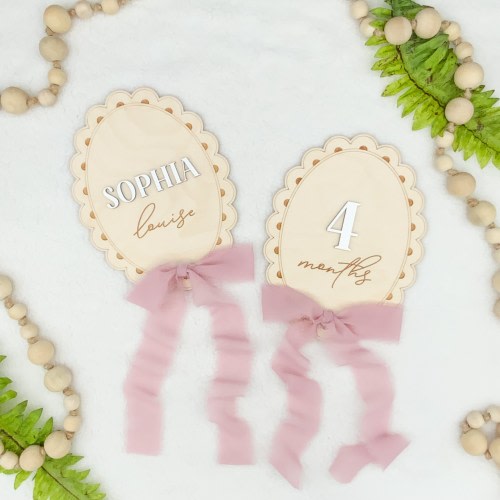 Ribbon Bow Interchangeable Milestone Cards | Engraved Wood Monthly Milestone Markers | Personalized Baby Name Sign