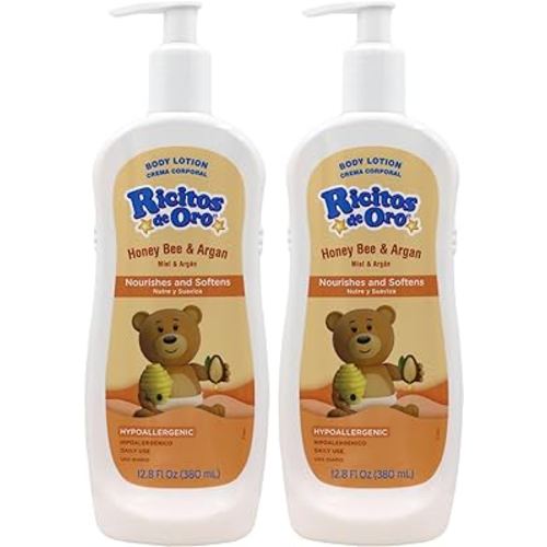 Ricitos de Oro Honey and Argan Baby Body Lotion That Helps Smooth Baby Skin -Hypoallergenic with Honey Bee Extract Delicious Scent, 2-Pack of 12.8 FL Oz Each, 2 Bottles.
