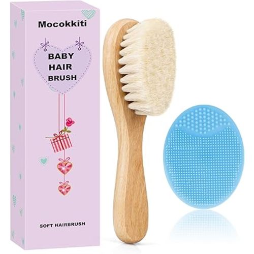 Baby Hair Brush, Mocokkiti Goat Bristles Brush and Baby Cradle Cap Brush Set for Cradle Cap Wood Bristle Brush for Newborns and Toddlers, Blue Silicone Brush (2PCS)