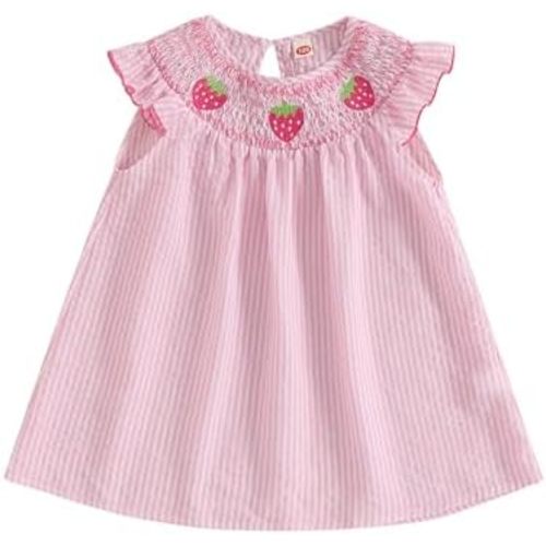 Toddler Girl Summer Dress Strawberry Embroidery Fly Sleeves Striped Smocked Dress Cute A-line Sundress