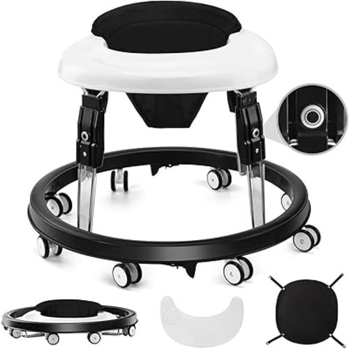 Baby Walker with Wheels, One-Touch Folding Anti-Roll 8-Wheel Baby Walkers, 7-Speed Height Adjustment with Large Dinner Plate and Brake 6-18 Months Baby Walker, Black