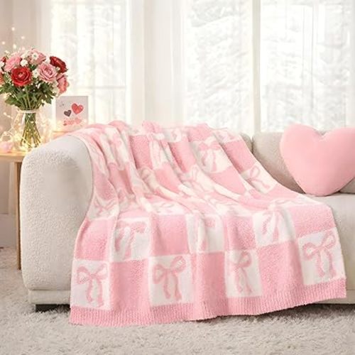 Snuggle Sac Bow Throw Blanket for Couch, Microfiber Fluffy Warm Cozy Fuzzy Reversible Checkered Blankets for Sofa, Chair, Bed, 50x60 inches for Wife Daughter Women Gift
