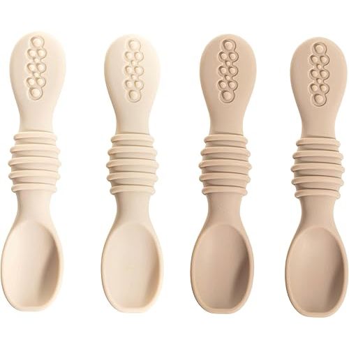 Silicone Baby Spoons for Baby Led Weaning 4-Pack, First Stage Baby Feeding Spoon Set Gum Friendly BPA Lead Phthalate and Plastic Free, Tan