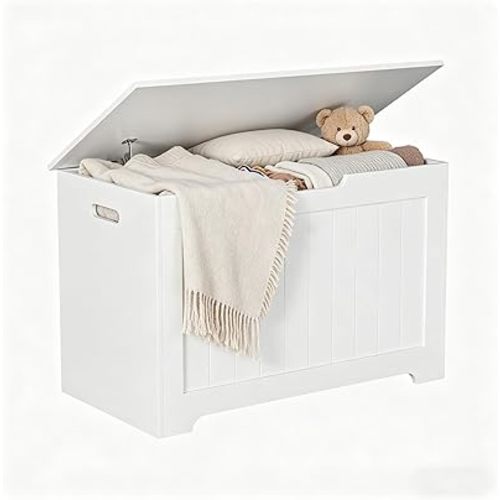 Storage Chest with Flip-top Lid, Large Wood Trunk Bench with Safety Hinge, Bedroom Living Room Clothes Blanket Organizer Bin with 100L Storage Area, White