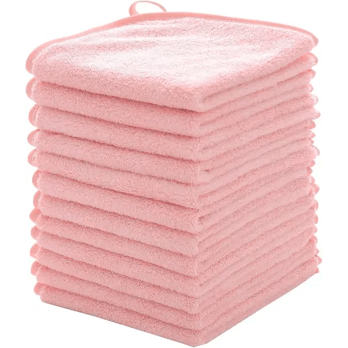 MUKIN Baby Washcloths Set - 12 Pack 12x12 Inches Microfiber Coral Fleece Face Towel for Newborns, Infant, Toddlers or Kids. Ultra Soft and Absorbent wash Cloth for Baby (Pink)