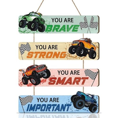 Inspirational Racing Car Wooden Hanging Sign,Monster Truck Room Decor,Motivational Wall Decor,Trucks Door Sign,Vehicles Wall Sign for Bedroom Living Room Boy's Room Nursery Toddler Playroom