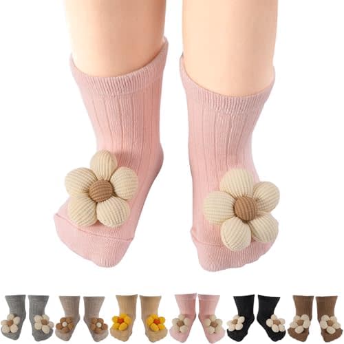 Baby Girl Socks Cute Flower Non-Slip Baby Socks with Grips Crew Sock for Newborn Babies Girls Infants Toddler