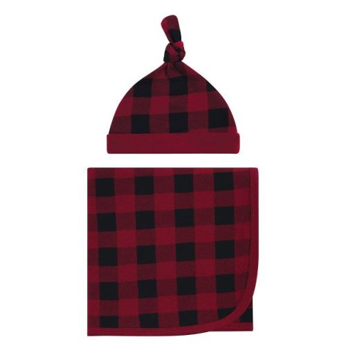 Touched by Nature Baby Boy Organic Cotton Swaddle Blanket and Headband or Cap, Buffalo Plaid, One Size
