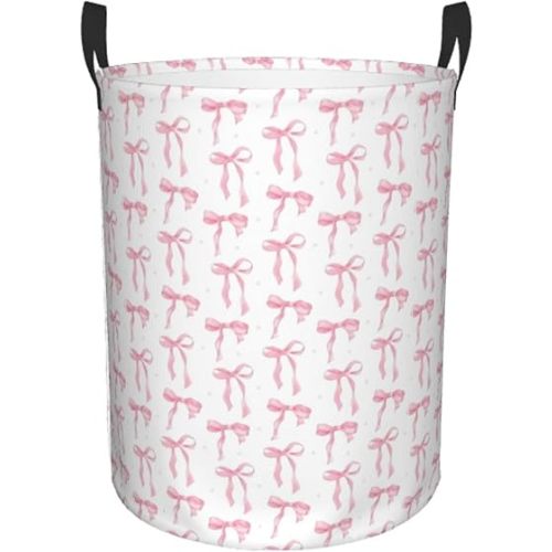 Pink Bows Laundry Basket Preppy Foldable Laundry Hamper Cloth Tote Bag Clothes Storage Bucket Toy Organizer For Bathroom Bedroom