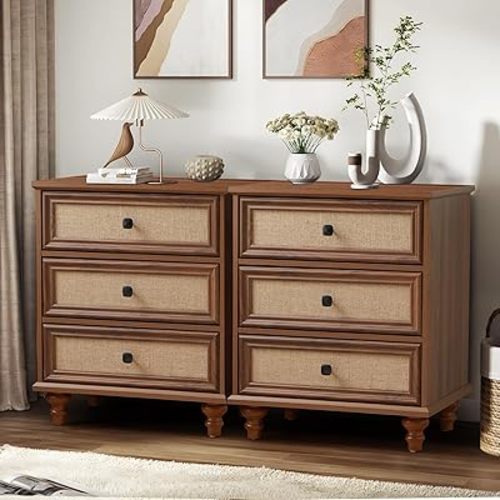 ORRD 3 Drawer Dresser for Bedroom, Mid Century Modern Wide Wood Vintage Chest of Drawers Wooden Storage Organizer Dressers with Burlap Rattan Drawers for Living Room, Hallway Closet, 2 Sets Walnut
