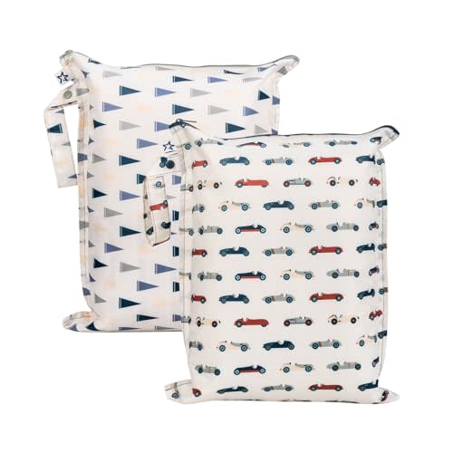 Tiny Twinkle Mess Proof Wet Bags | 2-Pack Reusable Waterproof Wet Bags for Swimsuits | Baby Clothes | Travel & Diaper Bag (Vintage Cars,Varsity Flags)