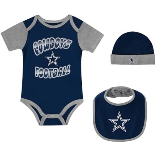 Outerstuff Newborn NFL Tag Team Bodysuit, Bib & Cuffed Knit Hat Set