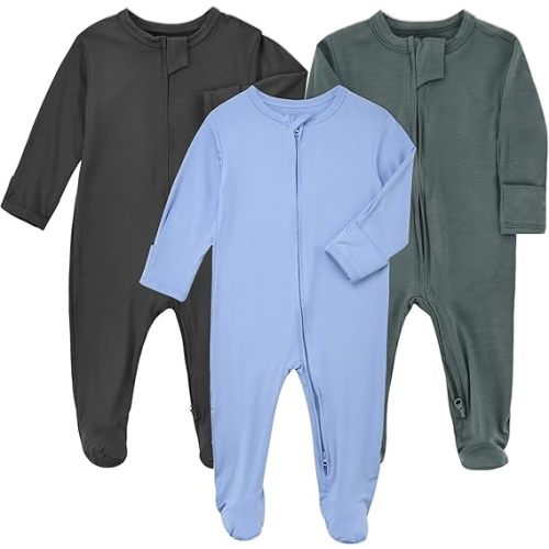 Aablexema Baby Pajamas Bamboo Rayon Zipper, 3pcs Unisex Infant Outfit with Mitten One Piece Footie Sleepwear(Dark Grey & Olive & Blue,3-6m)