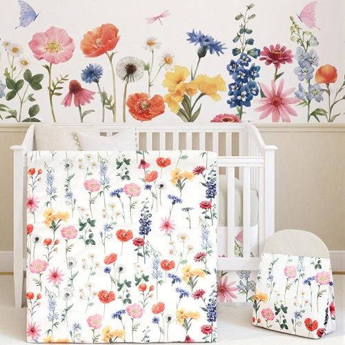 4 Piece Woodland Forest Animals Crib Bedding Set, Including Jungle Safari Crib Skirt, Blanket, Nursery Bed Sheet and Diaper Stacker, Soft Neutral Nursery Standard Size Baby Bedding for Baby Girls Boys
