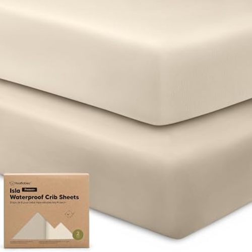 2-Pack Waterproof Baby Crib Sheets for Boys, Girls, 52x28 (Ecru)
