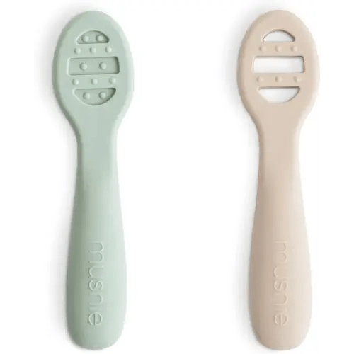 mushie Silicone First Feeding Baby Spoons | 2 Pack (Cambridge Blue/Shifting Sand)