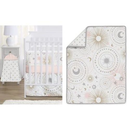 Sweet Jojo Designs Crib Bedding + BreathableBaby Breathable Mesh Liner Baby Nursery Girl Celestial Pink Gold and Grey - 6pcs