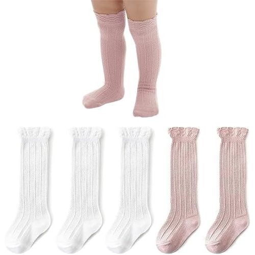 Zando Baby Knee High Socks - Infant to Toddler, Cotton Ruffle Socks, Warm Girls & Boys Long Stockings, 3-6 Pairs