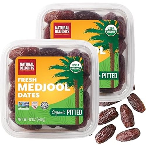 Natural Delights Organic Medjool Dates Pitted - USDA Certified Organic Fruit, Good Source of Fiber & Potassium, Naturally Sweet, Snack for On-the-Go, Large & Plump Dates - 12 oz Tub (Pack of 2)