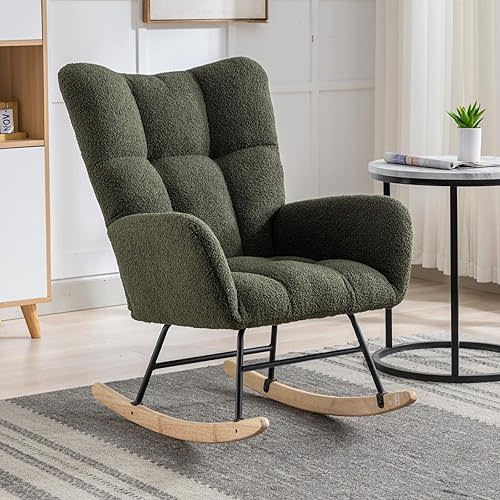 Nursery Rocking Chair Glider Rocker, Dark Green Teddy Upholstered, Rocking Accent Chair, with High Backrest, Armchair, Comfy Side Pocket Chair, for Living Room, Bedroom, Offices