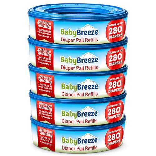 BabyBreeze Diaper Pail Refill Bags Compatible with Playtex Diaper Genie Pails Odor Absorbing Diaper Disposal Trash Bags - 1400 Count (5-Pack)