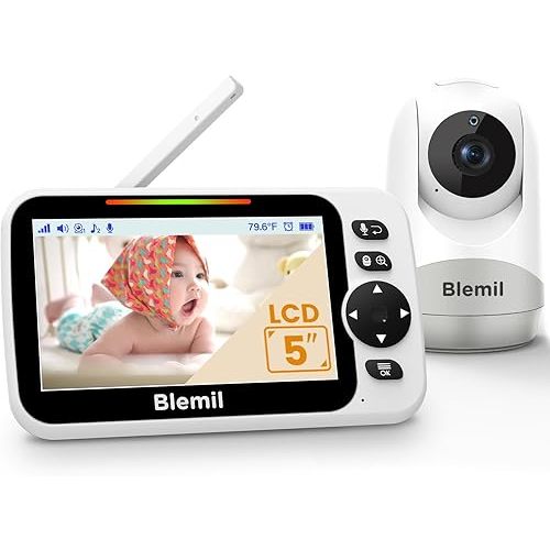 Baby Monitor with 30-Hour Battery, 5" Large Split-Screen Video Baby Monitor with Camera and Audio, 3500mAh Battery, Remote Pan/Tilt/Zoom Camera, Two-Way Talk, Night Vision, Lullabies, No WiFi