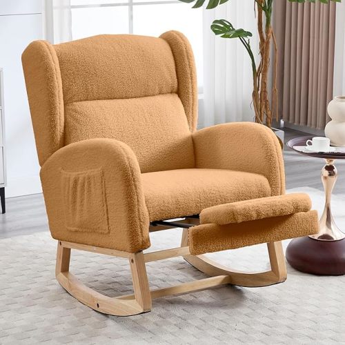 NIOIIKIT Nursery Rocking Chair with Footrest, Teddy Upholstered Glider Chair, Nursery Gliding Recliner with Side Pocket, Glider Rocker for Living Room (Orange)