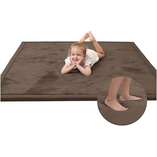 Large 79"x110" Baby Activity Play Mat for Floor,1.3" Thick Elasti Foam Cushion Mat for Tummy Time & Crawling,Non-Slip&Safe for Infants,Toddlers & Kids, for Living Room,Classroom & Playroom（Dark Brown)