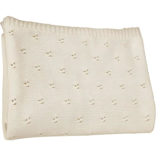 Baby Knit Blanket, 100% Cotton Eyelet Patterns, Soft, Cozy, Lightweight Swaddle for Newborn & Infant Swaddling Beige Neutral, Perfect Baby Shower Ideas Cream 30x30