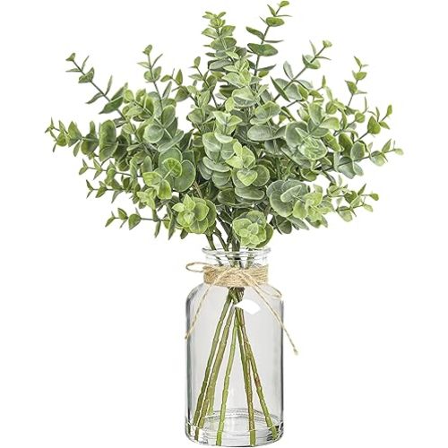 12" Artificial Eucalyptus Stems in Glass Vase with Faux Water, Realistic Eucalyptus Leaves Fake Plant Branch Greenery Decoration for Home Farmhouse Bathroom Kitchen Wedding Centerpiece Table Décor