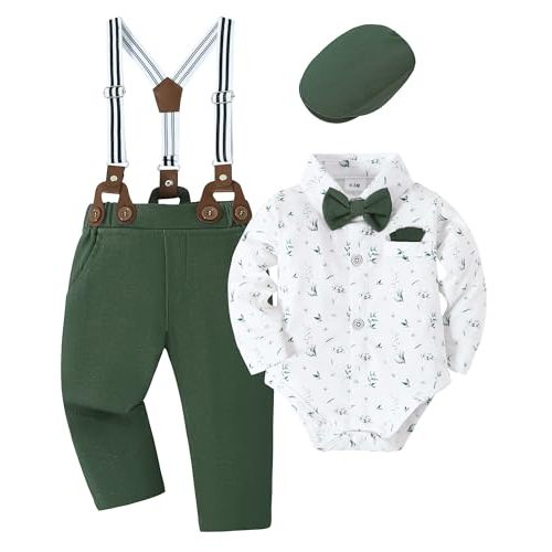 YALLET Baby Boy Outfits Suits Infant Formal Dress Clothes Gentleman Wedding Print Shirt+Beret Hat+Suspender Pants+Bowtie